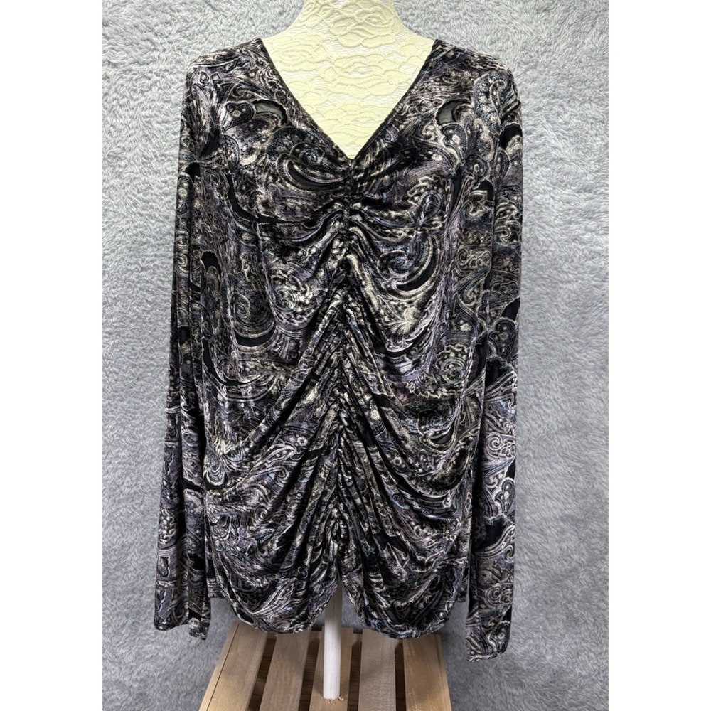 Context Woman Womens 2X Velvet Burnout Top Silver Ruched V Neck Whimsigoth Y2K